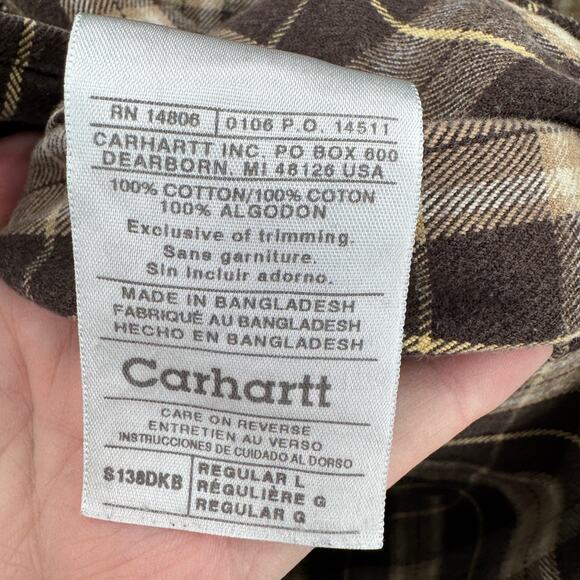 Carhartt Flannel Shirt Mens Large Brown Plaid Button Up Heavyweight Utility - Picture 5 of 7
